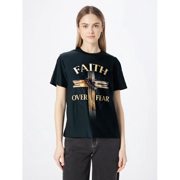 Faith Over Fear Christian Cross Religious For Men Women T-ShirtFather's Day, Mother's Day, New Year,Camisetas de verano para mujer, manga corta, cuello redondo, casual, lindo, con gráficos, camisetas