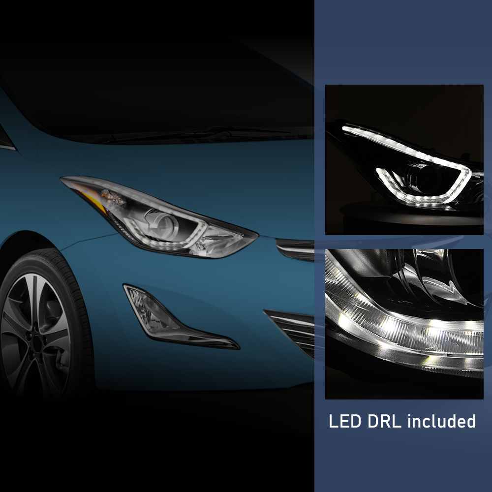PIT66 Headlights Fit for 2014-2016 Hyundai Elantra DRL LED Projector Clear Lens LH+RH 2Pcs