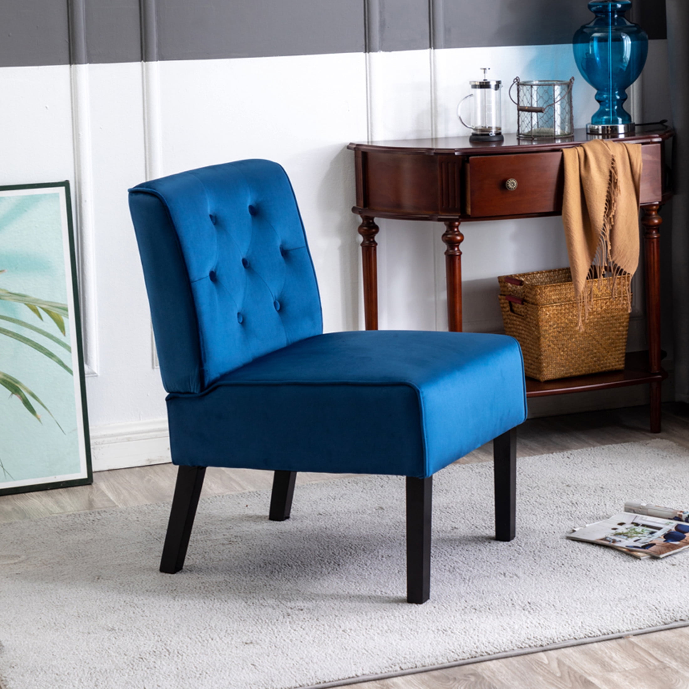 GDF Studio 21" Modern Accent Chairs Set of 2 with Button Tufted Velvet Upholstery, Tapered Wood Legs, Dark Blue
