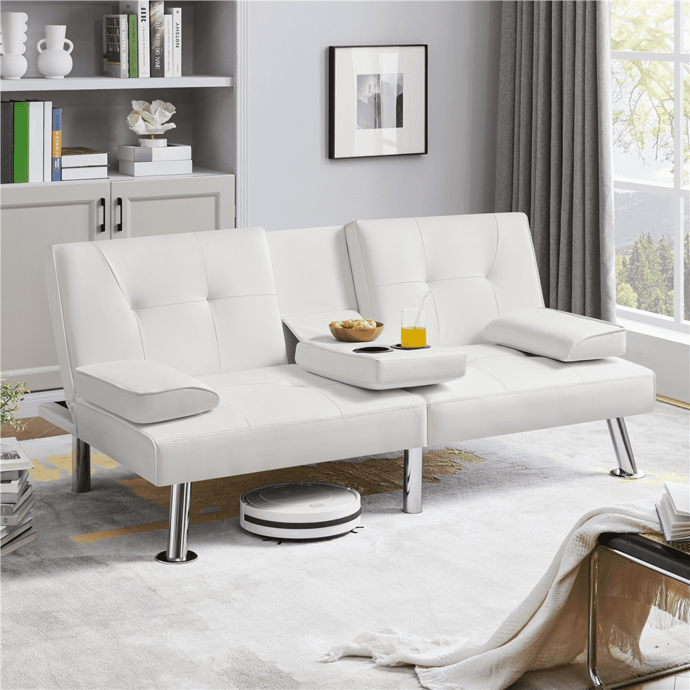 Yaheetech Modern Faux Leather Convertible Futon Sofa Bed with Cup Holders, White