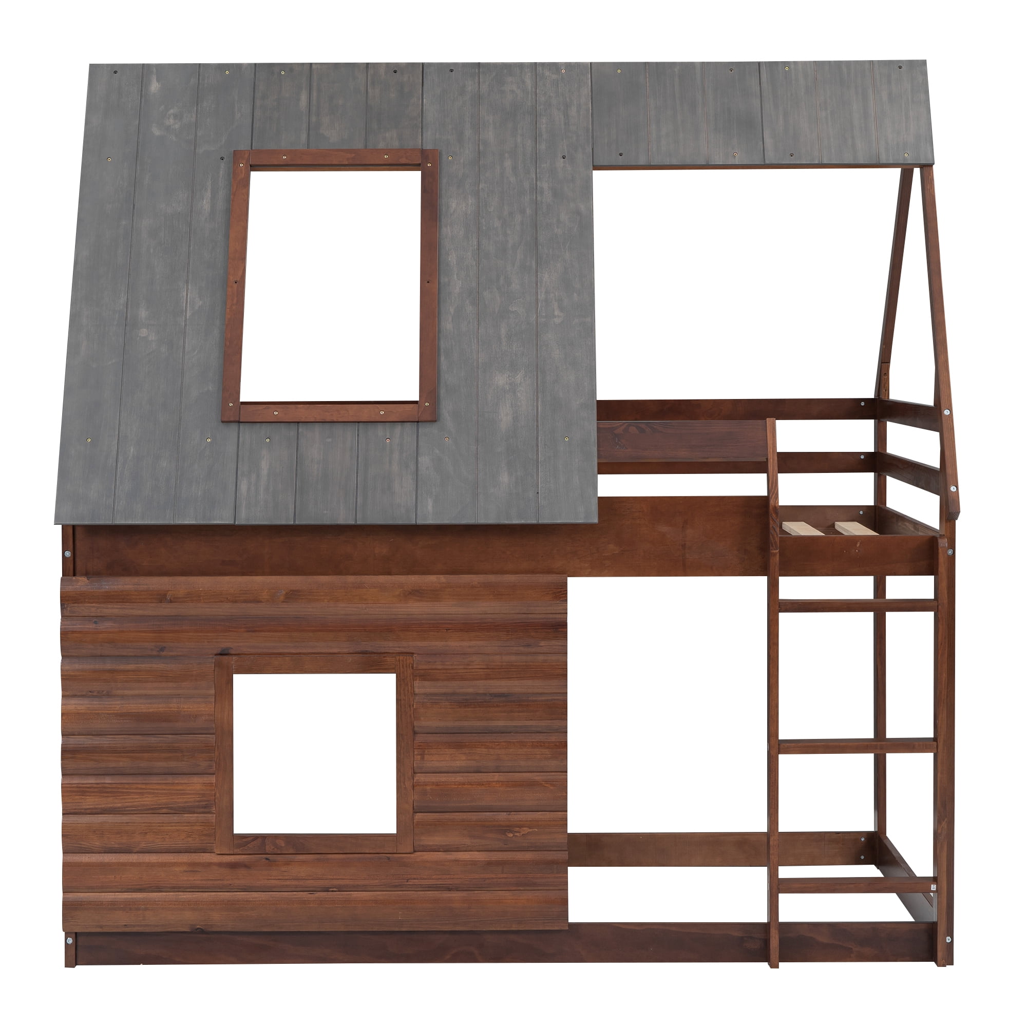 EUROCO Twin over Twin House Bunk Bed with Roof for Kids Teens Bedroom, Grey