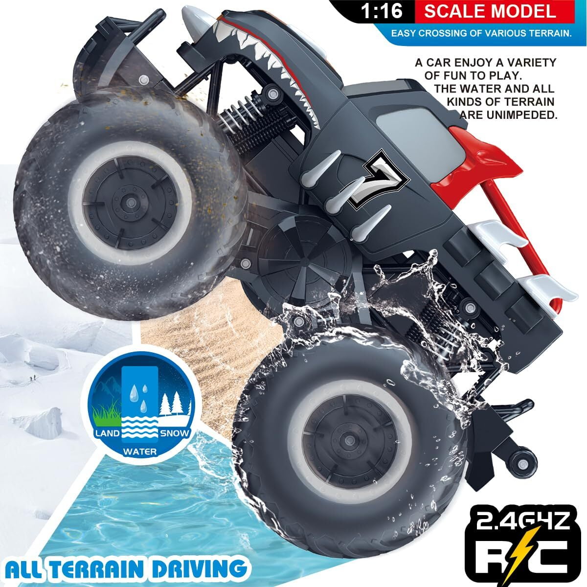 JBeeCtrl Remote Control Car Toys for Boys 1:16 2.4 GHz All Terrain Off-Road RC Truck Waterproof RC Monster Truck Christmas Birthday Gifts for Boys Girls Child Kids Ages 6+（Red）
