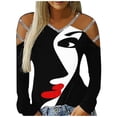 thumbnail image 1 of Camiseta de blusa con cuello en V y estampado de manga larga con lentejuelas y cuello en V para mujer Pompotops gfhjh21397, 1 of 5