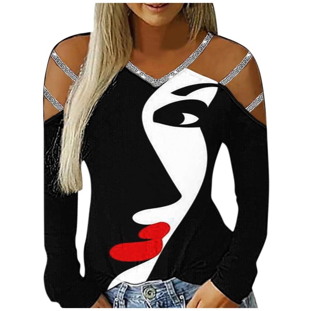 Camiseta de blusa con cuello en V y estampado de manga larga con lentejuelas y cuello en V para mujer Pompotops gfhjh21397