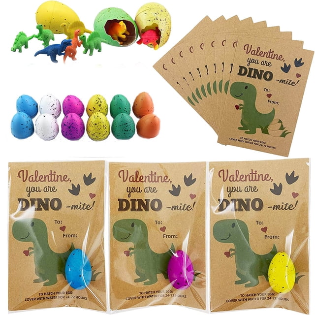 Valentine's Day Cards For Kids With Dinosaur Growing Eggs In Water 10-Pack Classroom Exchange Gift