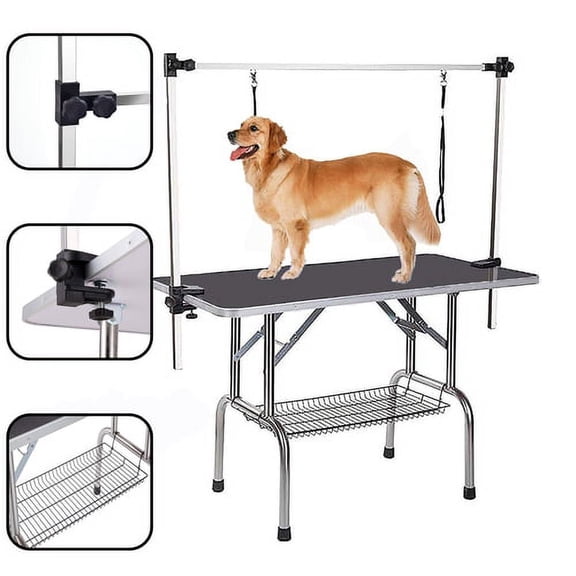 New High Quality Folding Pet Grooming Table Stainless Steel Legs and Arms Black Rubber Top Storage Basket