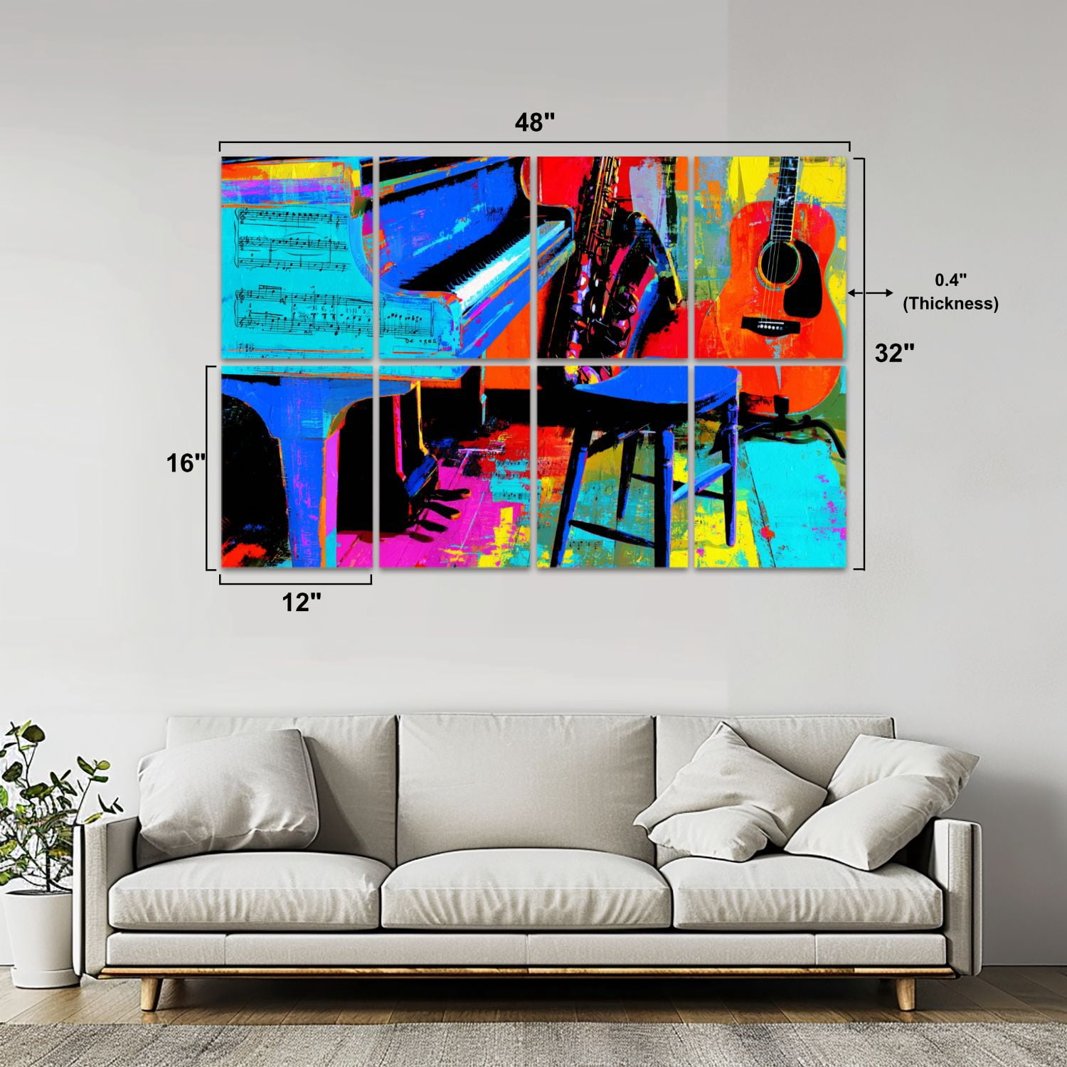 8 Pack Art Acoustic Panels Sound Absorbing Guitar Piano Saxophone Musical Instruments Grand Piano Sheet Music Decorative Soundproof Wall Panels Self Adhesive for Nursery Game Room Bedroom 48"x32"