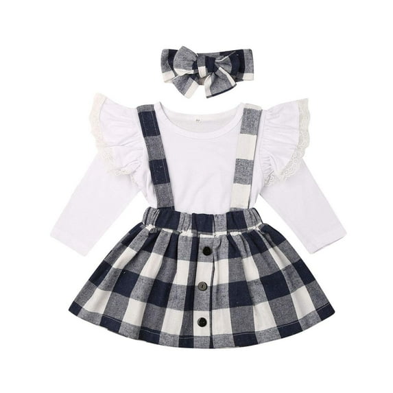 Douhoow 0-5Y Toddler Baby Girls Clothes Outfit Long Sleeve Ruffled Lace Top Plaid Suspender Skirt