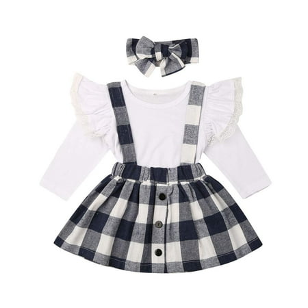 

3Pcs Clothes Set Baby Girls Infant White Flying Sleeve Top + Plaid Sling Dress + Headband Overall Dress Christmas Outfits