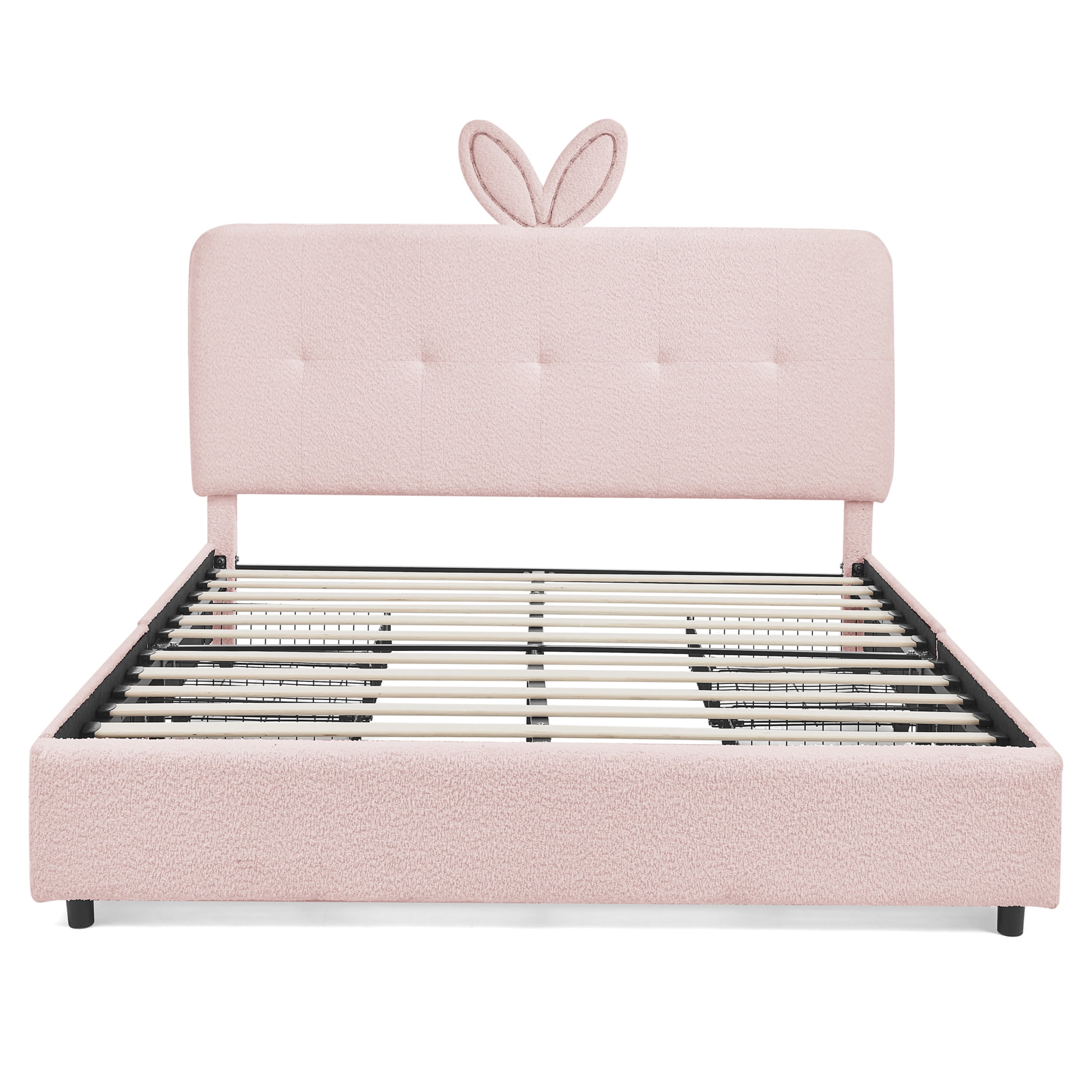 Noble House Bertis Full Size Boucle Kids Bed, Rabbit Ear Headboard Bed Frame with LED Light and Storage Drawers, Pink