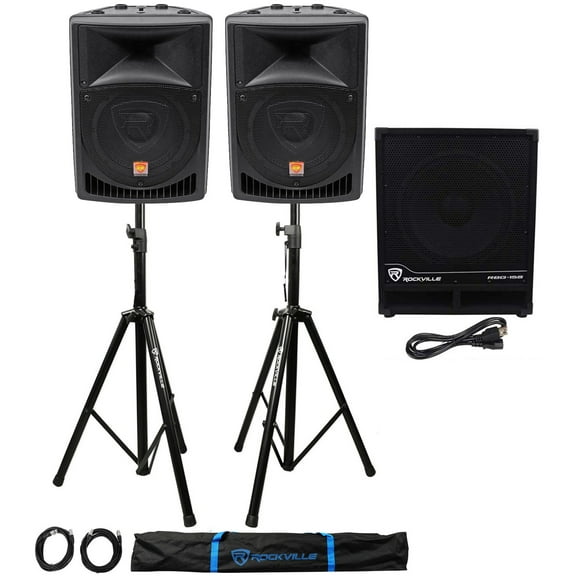 (2) Rockville RPG8 8" Powered PA Speakers Active 15" Subwoofer Stands Cables