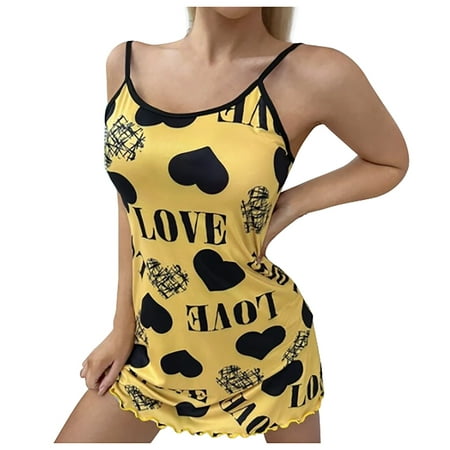 

DORKASM Womens Graphic Spaghetti Strap Sleepwear Satin Teddy Babydoll Nightgown Sexy Chemise Yellow M