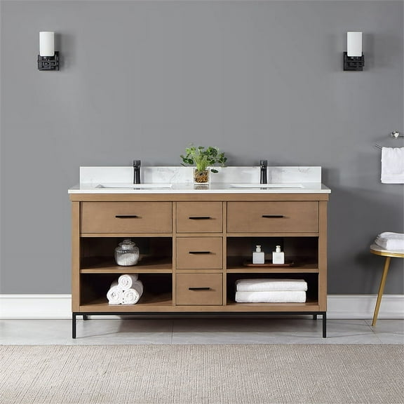 Kesia 60" Double Bathroom Vanity Set in Brown Pine with Aosta White Composite Stone Countertop without Mirror
