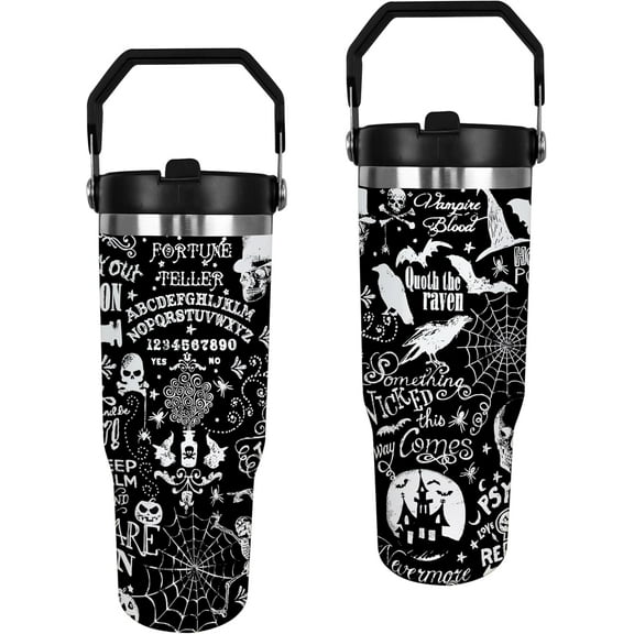 Halloween Tumbler, Spooky Skull Tumbler Spider Bat Cup with Handle and Straw, 30 oz Stainless Steel Insulated Water Bottle Halloween Gifts for Women