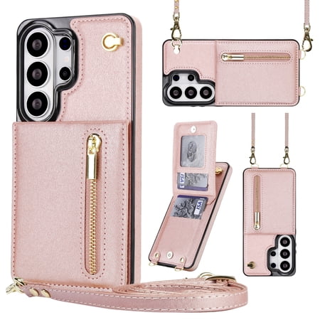 Dteck for Samsung Galaxy S26 Ultra Wallet Case with Card Holder and Zipper Pocket, Shockproof PU Leather Crossbody Strap Flip Cover with Kickstand Magnetic Closure RFID Blocking, Rosegold