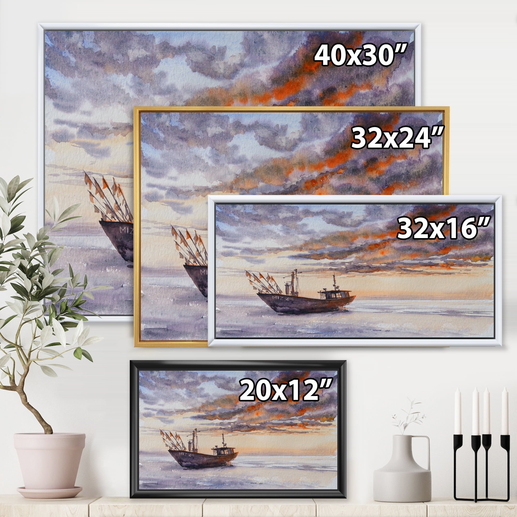 Designart 'Wooden Fishing Boat On The Baltic Shore With Evening Clouds' Nautical & Coastal Framed Canvas Wall Art Print