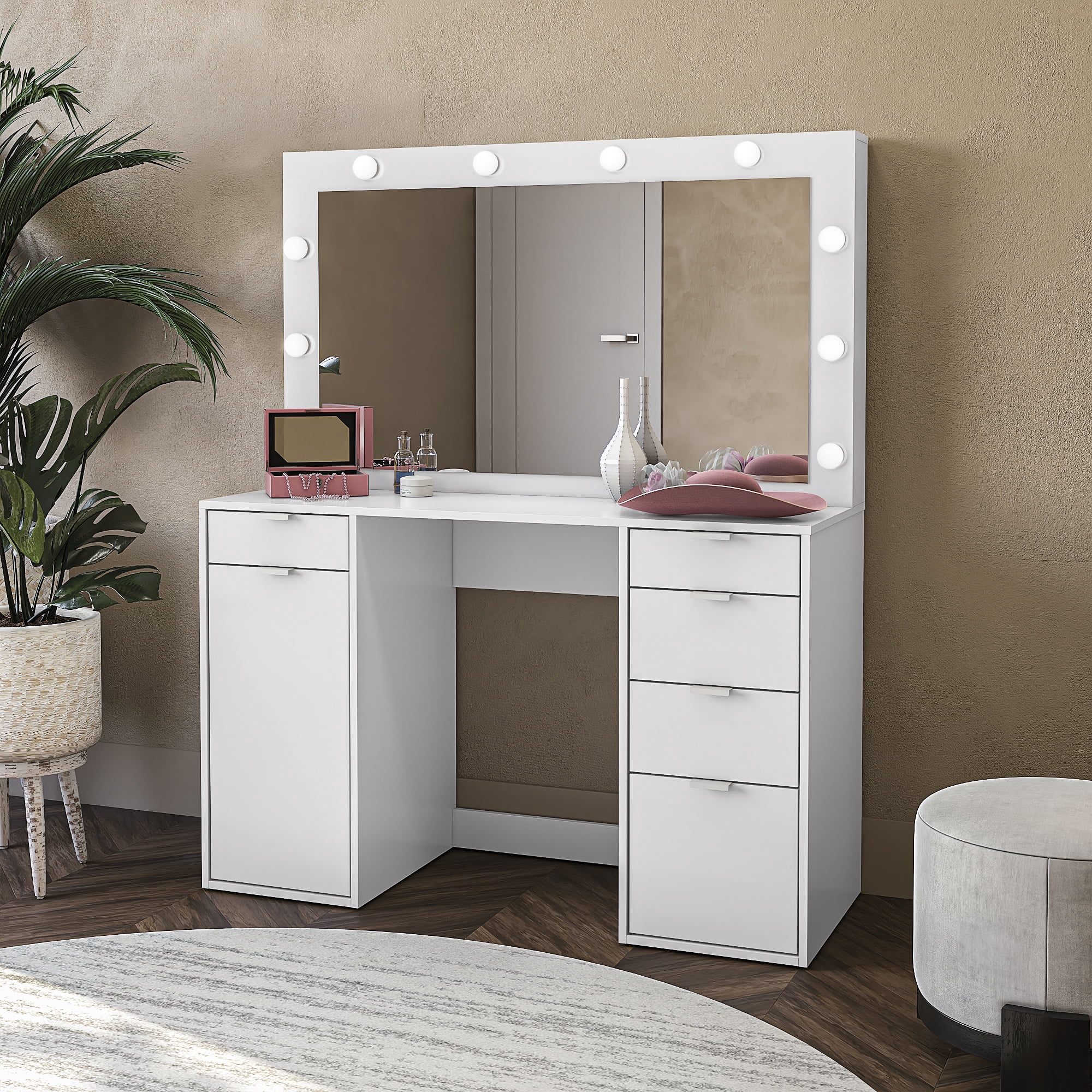 Kappesberg Mosi White Vanity Desk with LED Mirror, 5 Drawers & 1 Door – 47.7"W