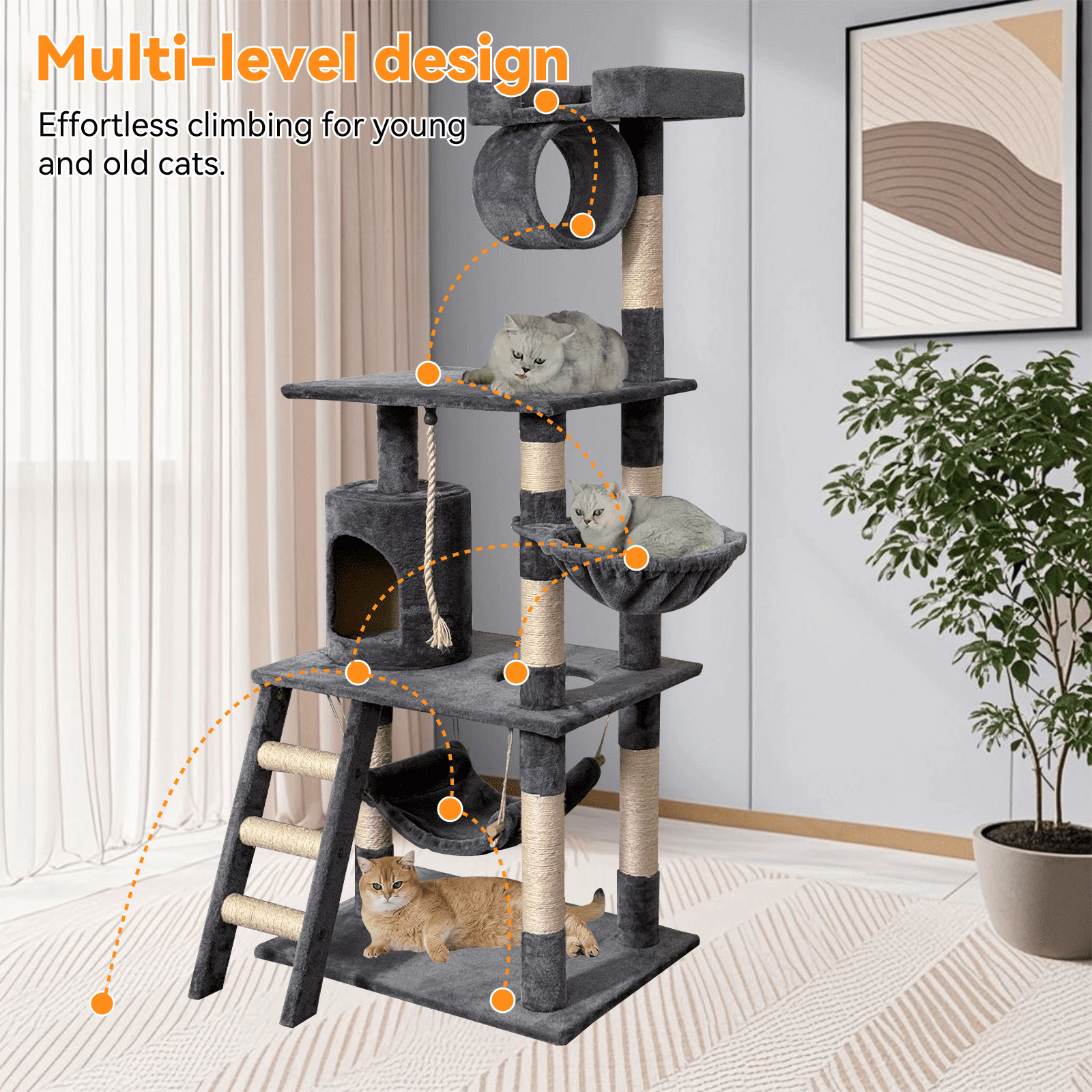Baohe Indoor Cat Tower 62-Inch Modern Cat Tree with Widened Perch, Ideal for Big Cats & Kittens. Multi-Level Design with Scratching Posts, Tunnel, Basket & Cave Condo