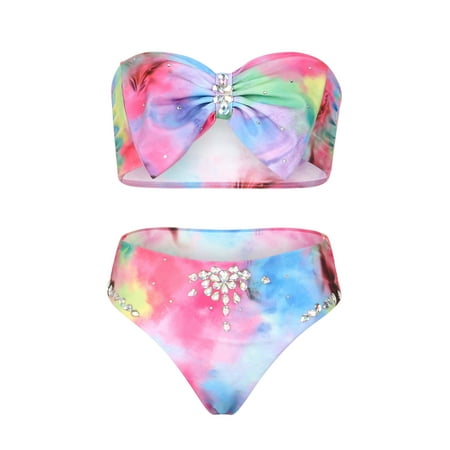 Women Bow Diamonds 2pc Swimwear Strapless Bra Closure Crop Vest Top High Waist Triangle Bottom Bikini Set Swimsuit Beachwear
