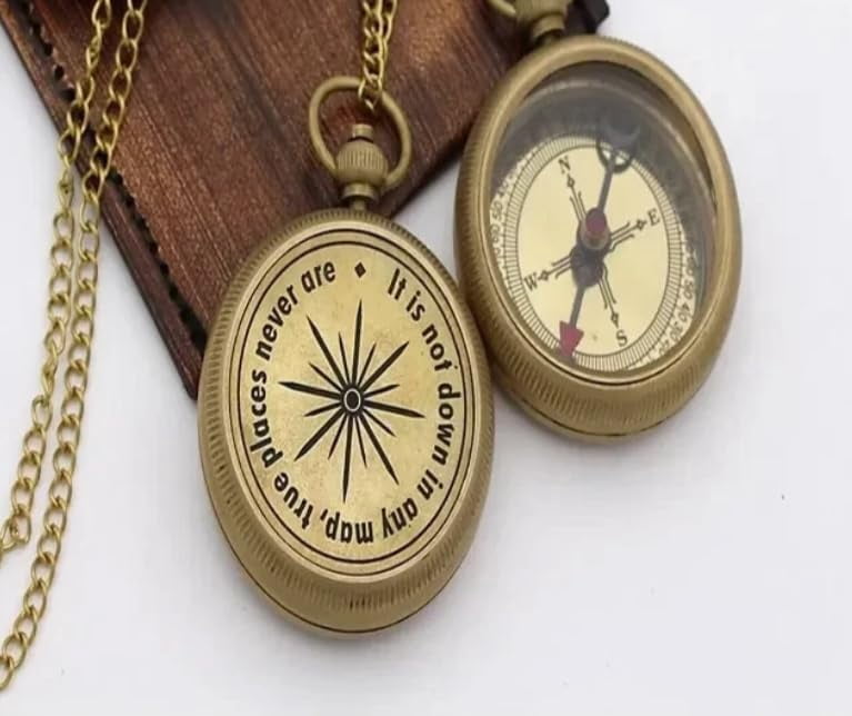 Maritime treasures Brass Pocket Compass with Chain – Engraved Compass for Explorer, Inspirational Navigation Gift