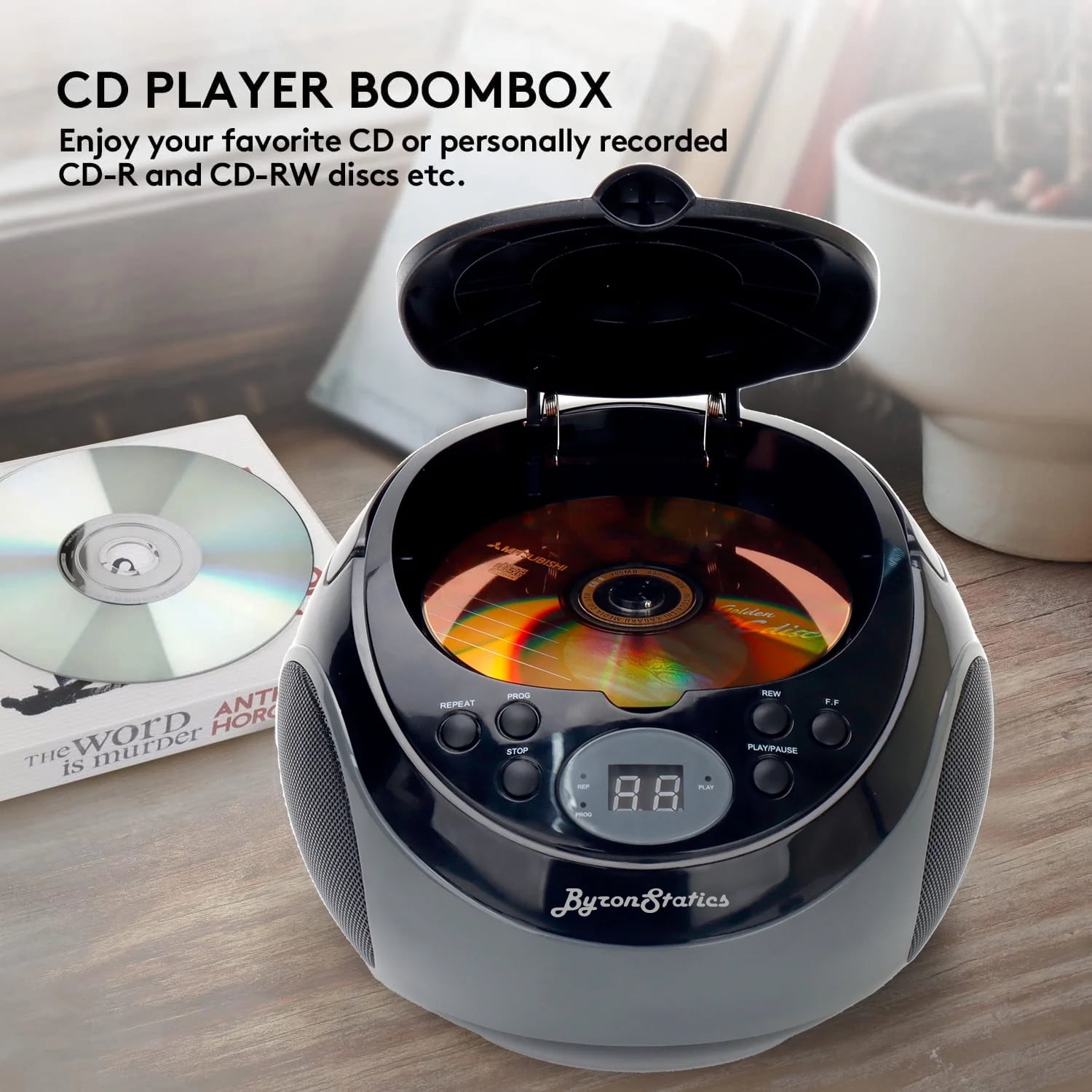 Byron Statics Portable Boombox CD Player AM FM Analog Tuning Radio, Clear Stereo Sound, 3.5mm AUX Jack, AC DC Operated, Great for Gift, Black