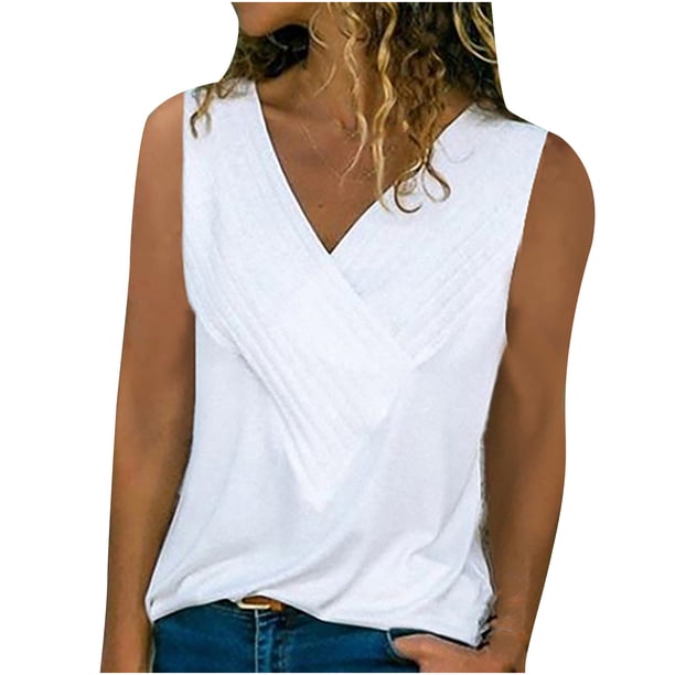 Blusas sin mangas sueltas informales con cuello en V de color sólido para mujer Pompotops lopia995511