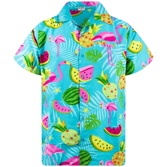 KING KAMEHA Chemise Hawaïenne Homme Fruits-Dessins Chemise Régulière Manches Courtes, Flamant Rose-Melon, Turquoise, TTG