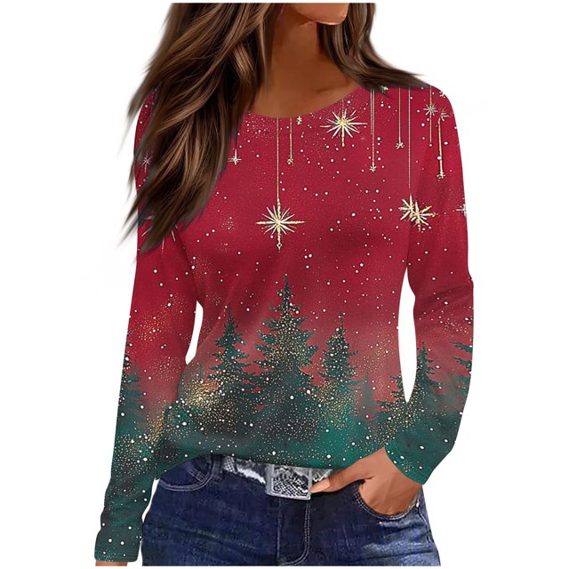 HAiming T-Shirts de Noël pour Femmes Grande Taille Manches Longues Col Rond Tuniques Graphiques de Noël pour Fête