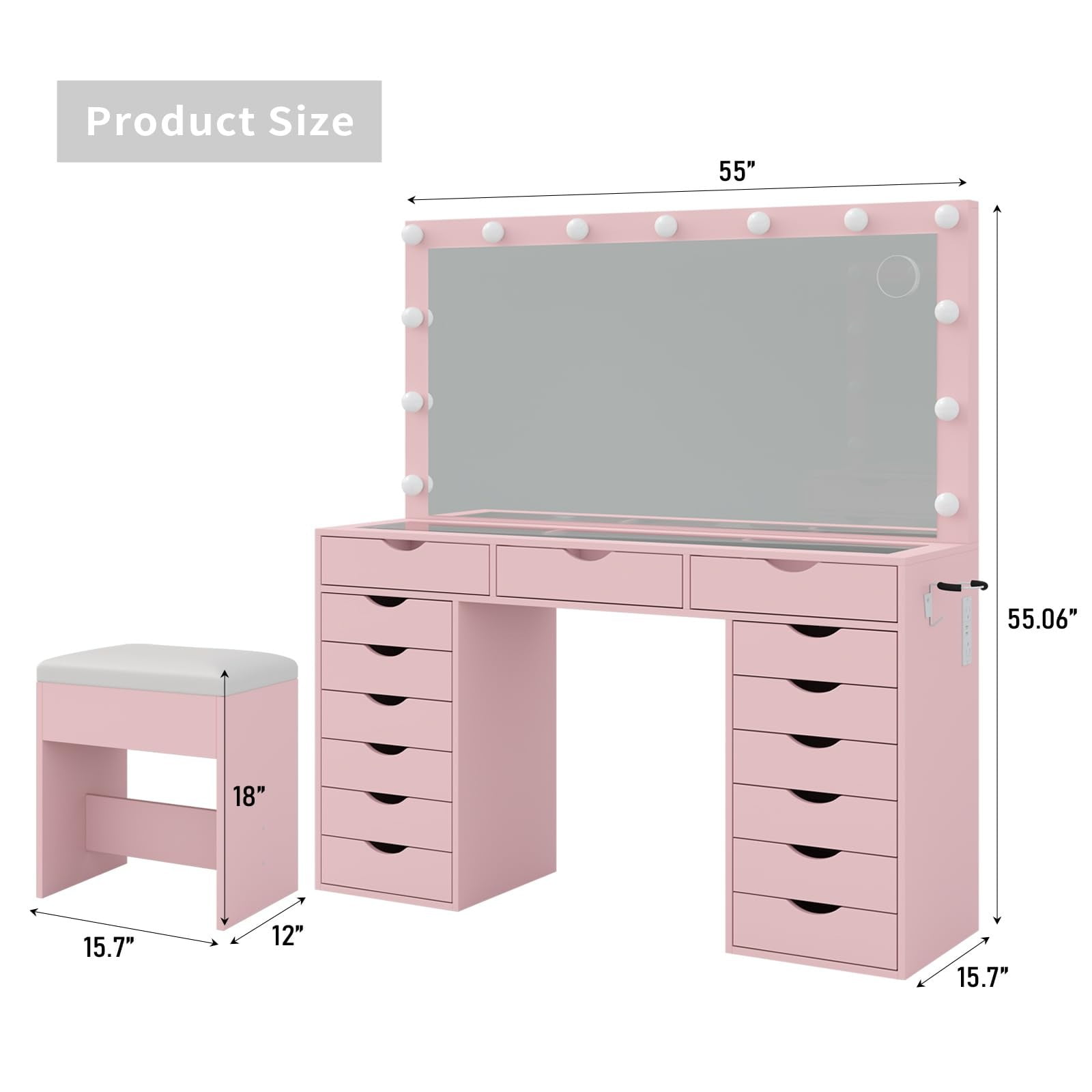 Yanosaku 15-Drawer Vanity Desk with Mirror, Power Outlet, LED Lights, Glass Top Dressing Table for Bedroom