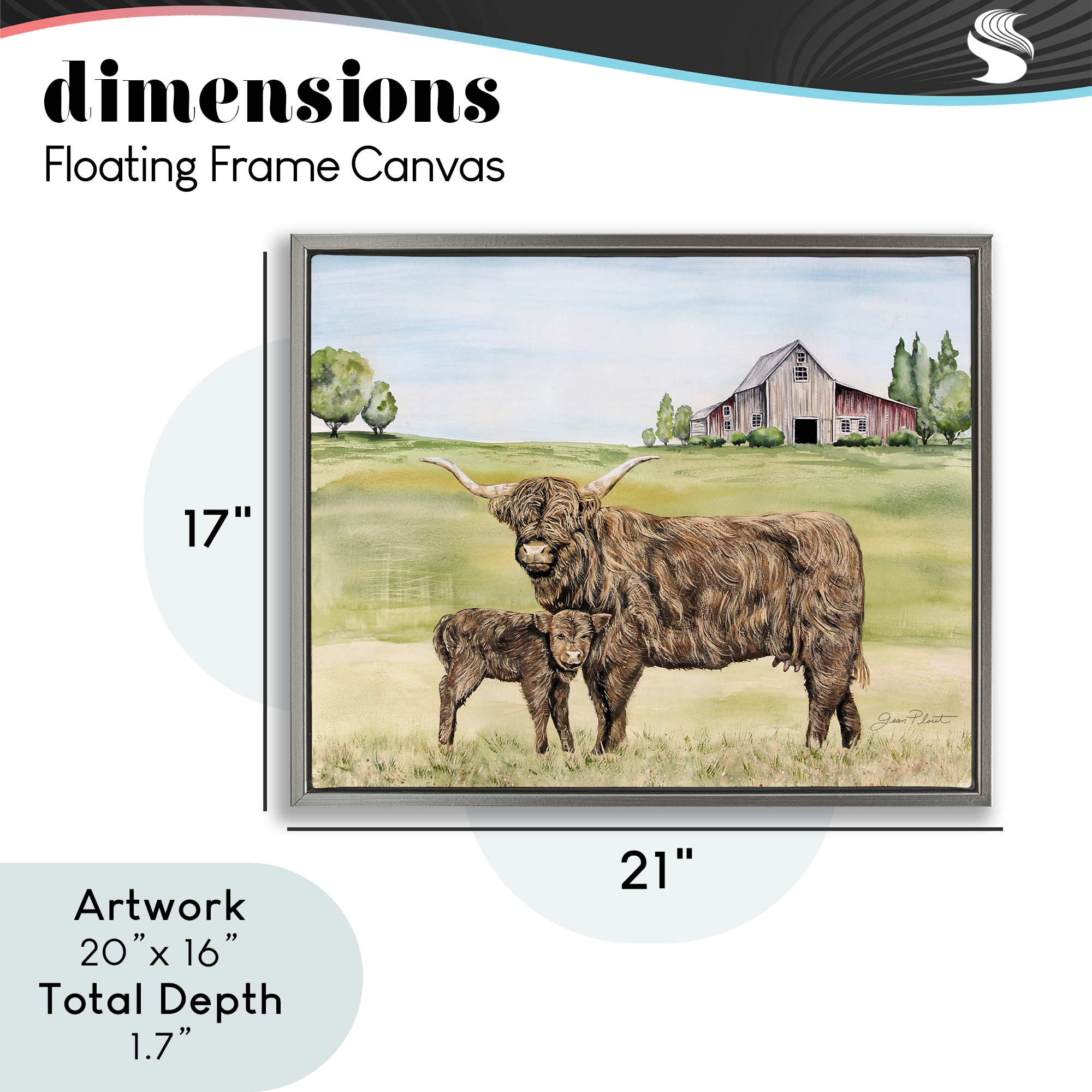 Highland Cow And Calf Gray Framed Floater Canvas Wall Art, design by Jean Plout