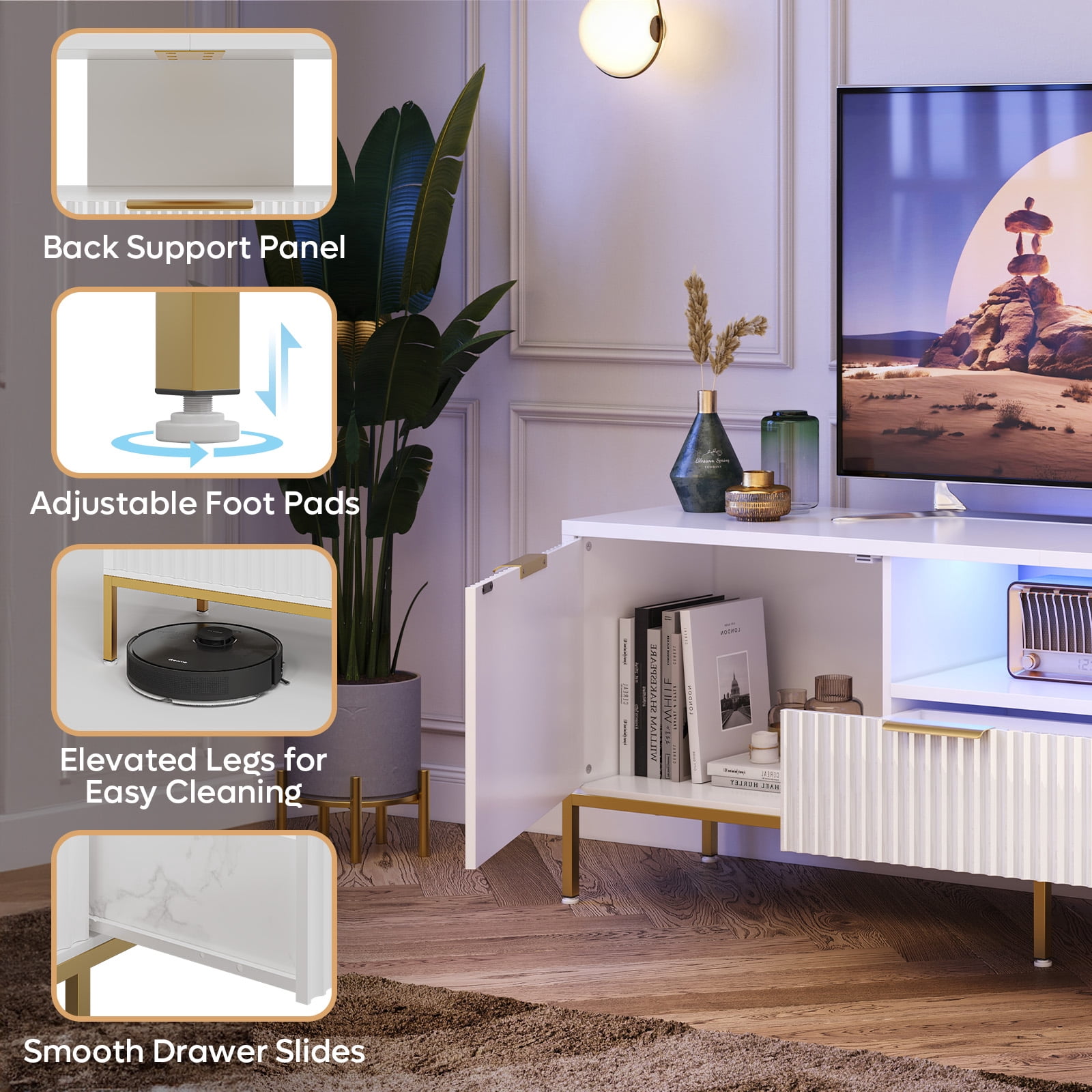 Bestier 55" LED TV Stand for TVs up to 60" Modern High Gloss Entertainment Center with Drawers Cabinets Fluted TV Console, White Marble & Gold