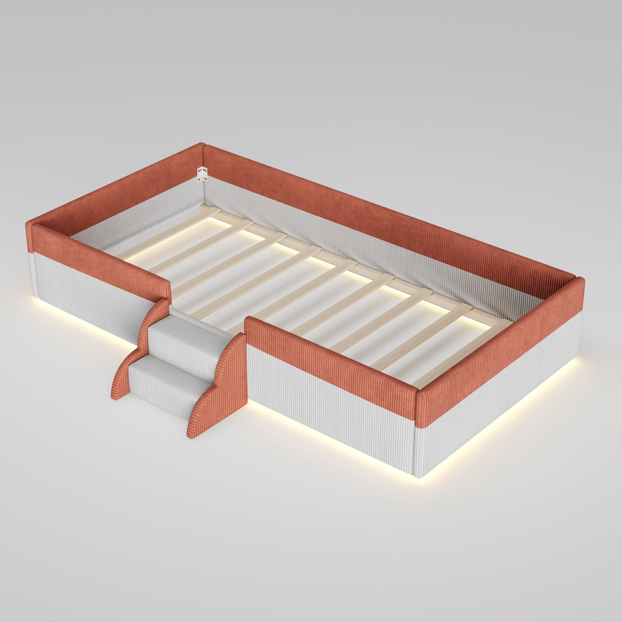 Howcool Twin Size Corduroy Upholstered Floor Bed with Fence and Smart LED Lights,2-Tier Steps Platform Bed Frame,Brown+White