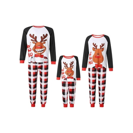 

Family Christmas Pjs Matching Sets Elk Letter Print Plaid Raglan Long Sleeve Round Collar Sleepwear for Kids Adults