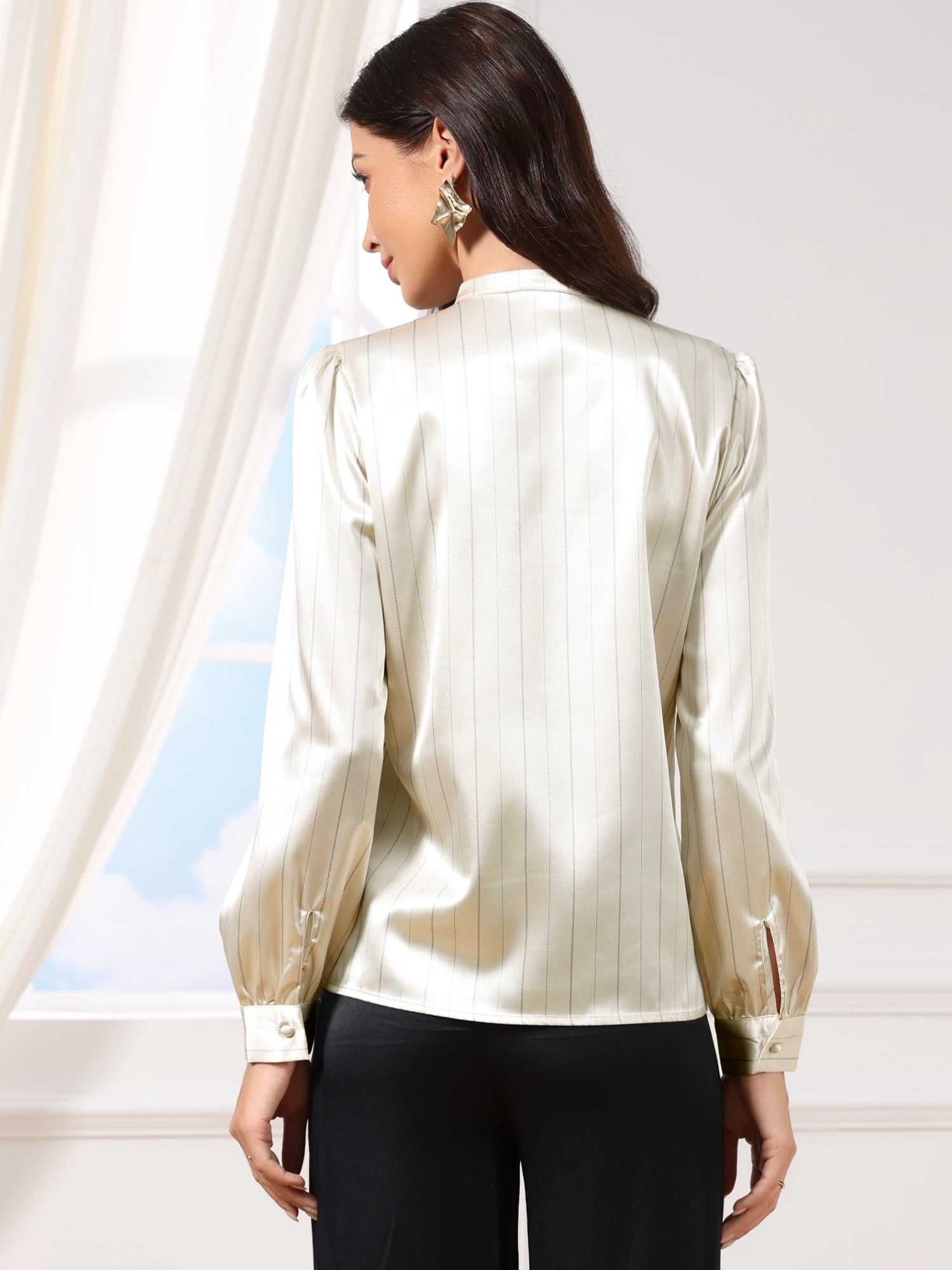 DARING DIVA Women's Satin Blouse Long Sleeve Mock Neck Business Work Shirts XS Apricot