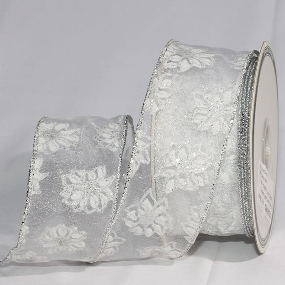 The Ribbon People Sheer Silver and White Little Poinsettia Wired Craft Ribbon 2" x 40 Yards