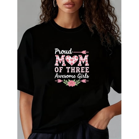 Women's Proud Floral Mom of Three Girls Graphic T-Shirt