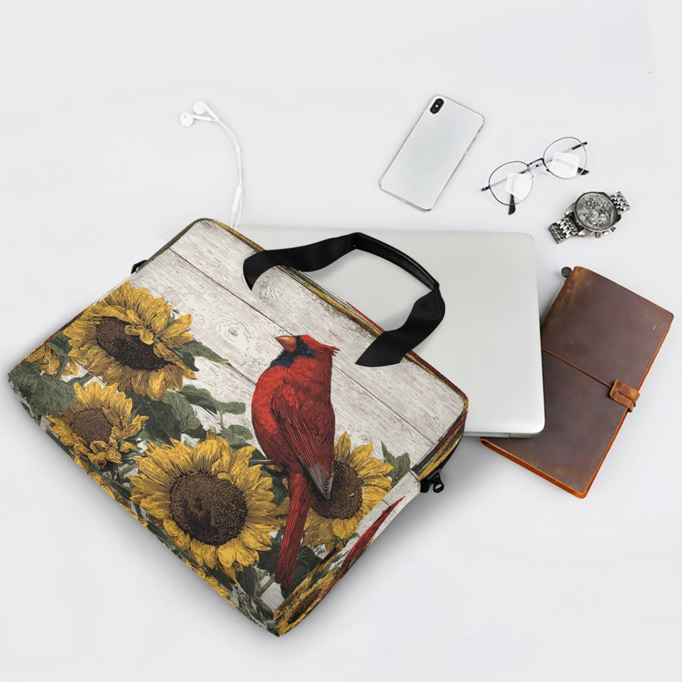 16" Laptop Tote Bag Laptop Sleeve Case Computer Briefcase for Work & Travel Red Bird Sitting on Sunflower