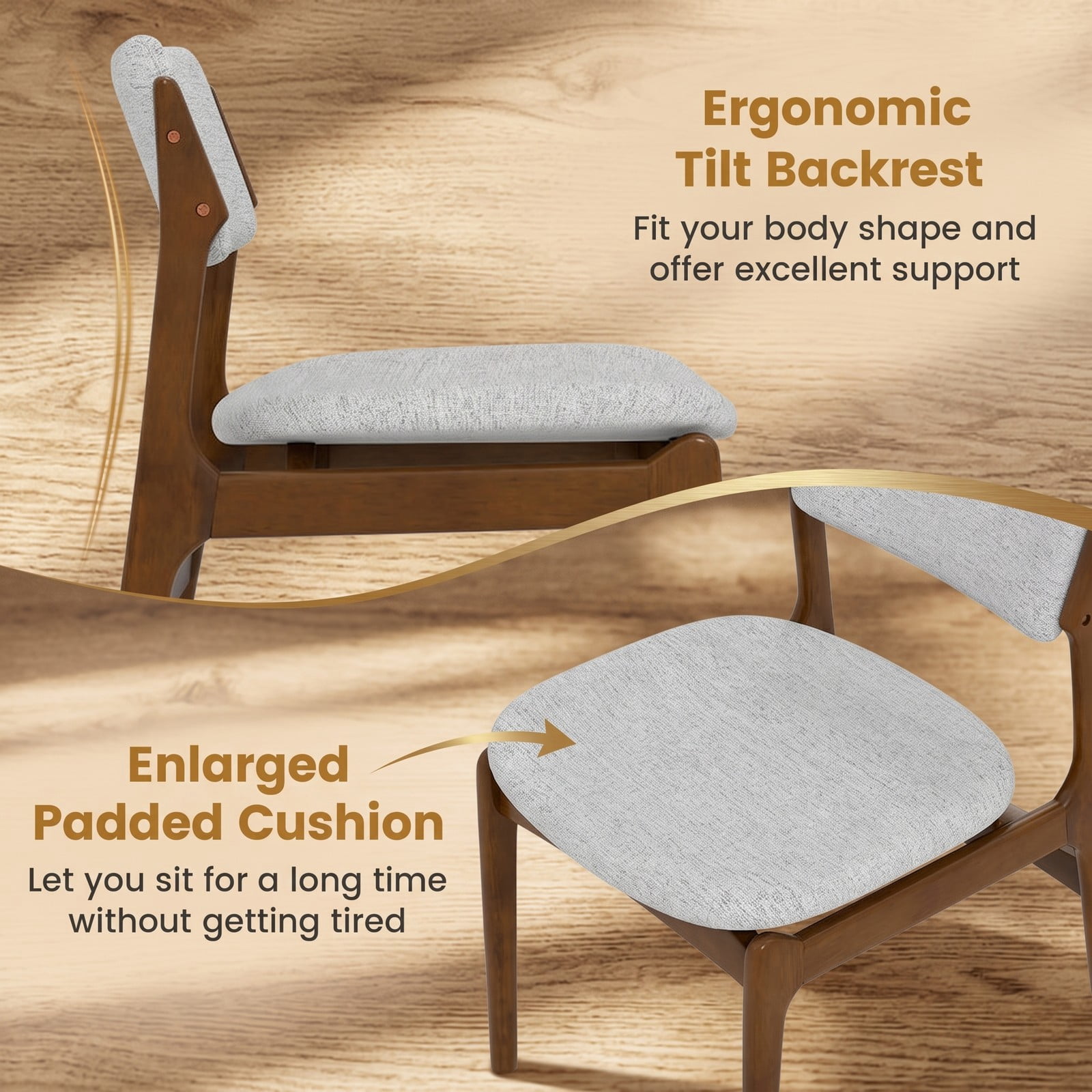 Furnibear Modern Padded Dining Chairs Set of 2, Upholstered Linen Fabric Kitchen Chairs with Solid Rubber Wood Legs, Ergonomic Slanted Backrest Accent Side, Brown