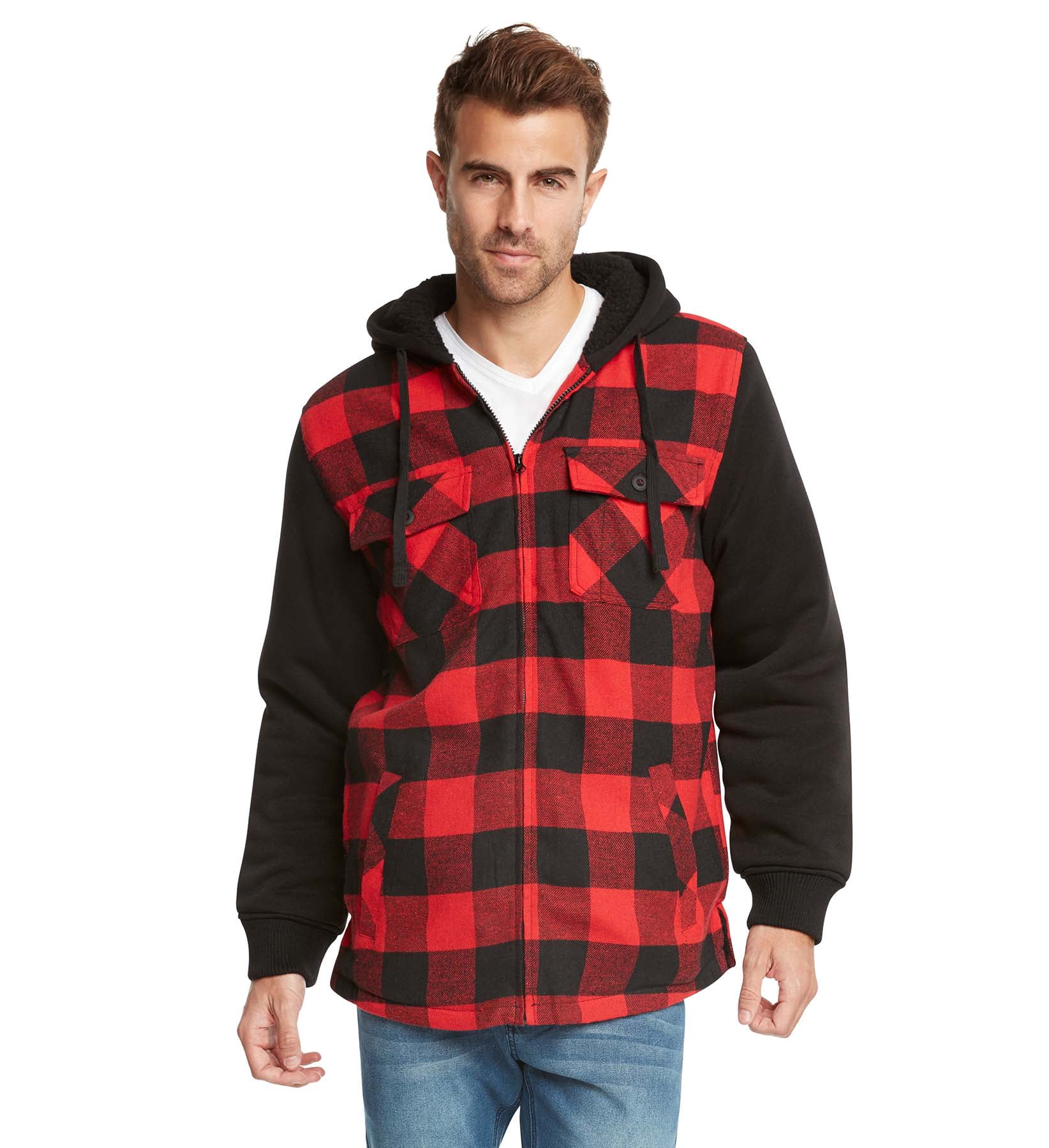 9 Crowns Essentials Sherpa Lined Plaid Flannel Hoodie Jacket (Black/red ...