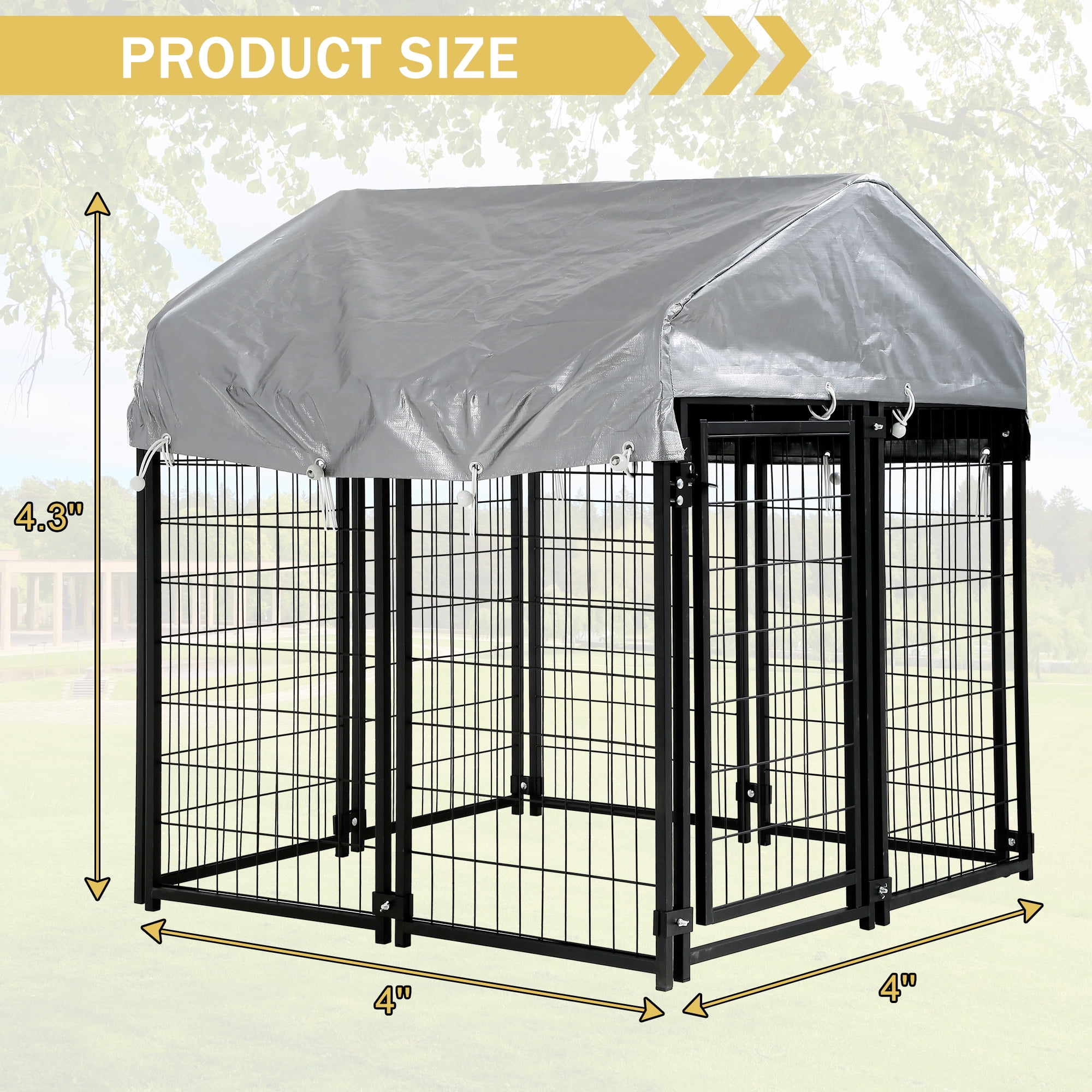 YRLLENSDAN 4 x 4 x 4.4 Ft Dog Kennel Outdoor Dog Pen Playpen House Heavy Duty Dog Crate Metal Galvanized Welded Pet Animal Camping Cage Fence with UV-Resistant Waterproof Cover and Roof