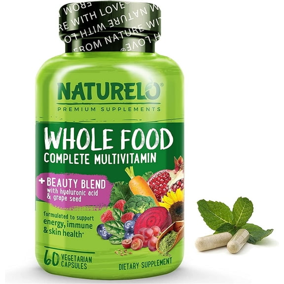 NATURELO Whole Food Multivitamin with Extra Hair, Skin and Nails Support - Beauty Blend with Hyaluronic Acid & Grape Seed - High Potency Biotin, Vitamin C, and Glutathione - 60 Vegan Capsules