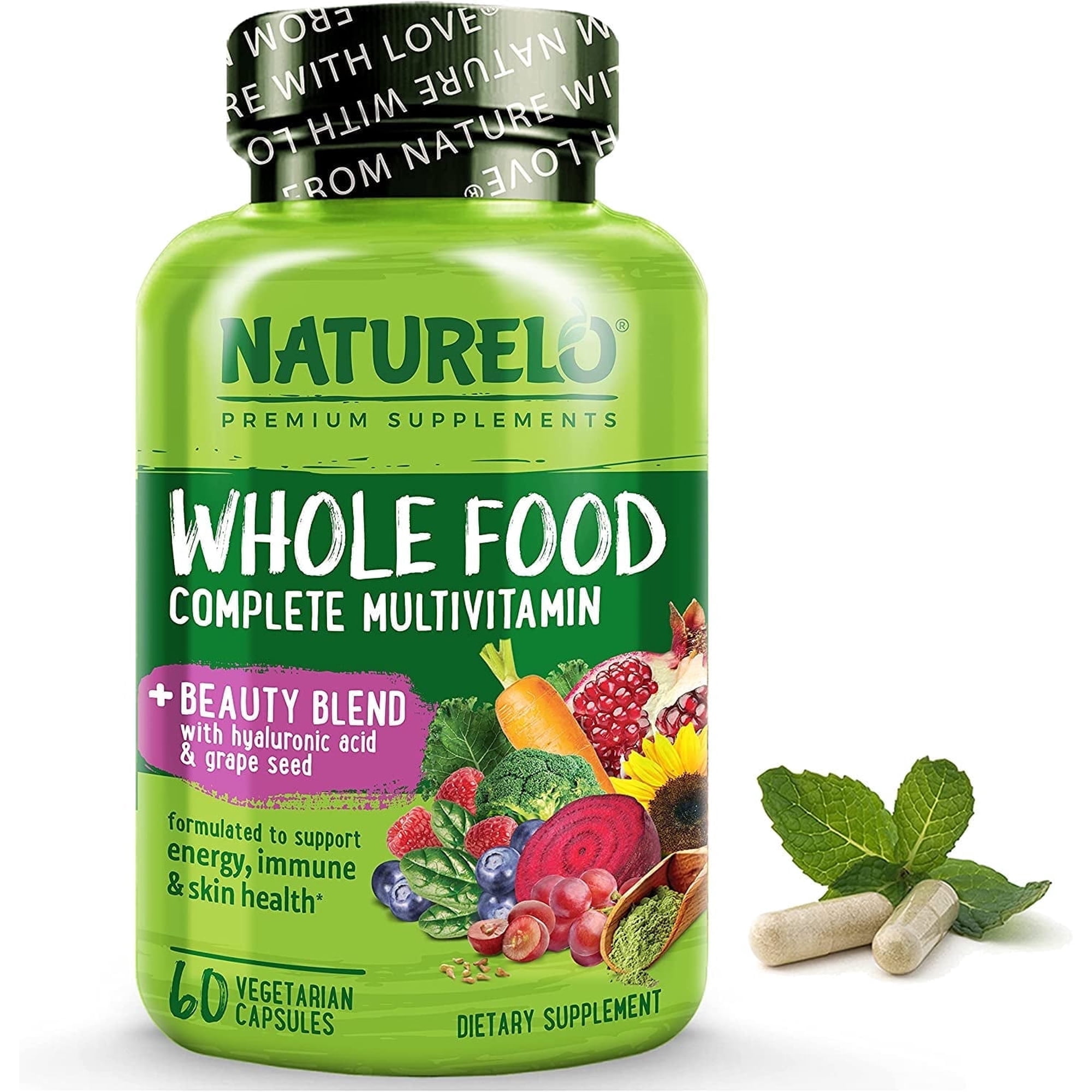 NATURELO Whole Food Multivitamin with Extra Hair, Skin and Nails Support - Beauty Blend with Hyaluronic Acid & Grape Seed - High Potency Biotin, Vitamin C, and Glutathione - 60 Vegan Capsules