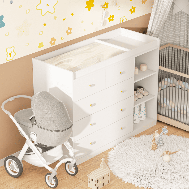 QUNTTINA Baby Changing Table Dresser with 5 Drawers and 3 Storage Cabinet, White