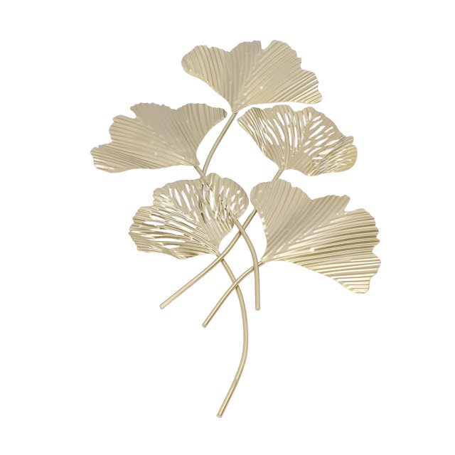 Sculpture Murale Suspendue en Métal Doré Feuilles de Ginkgo 3D
