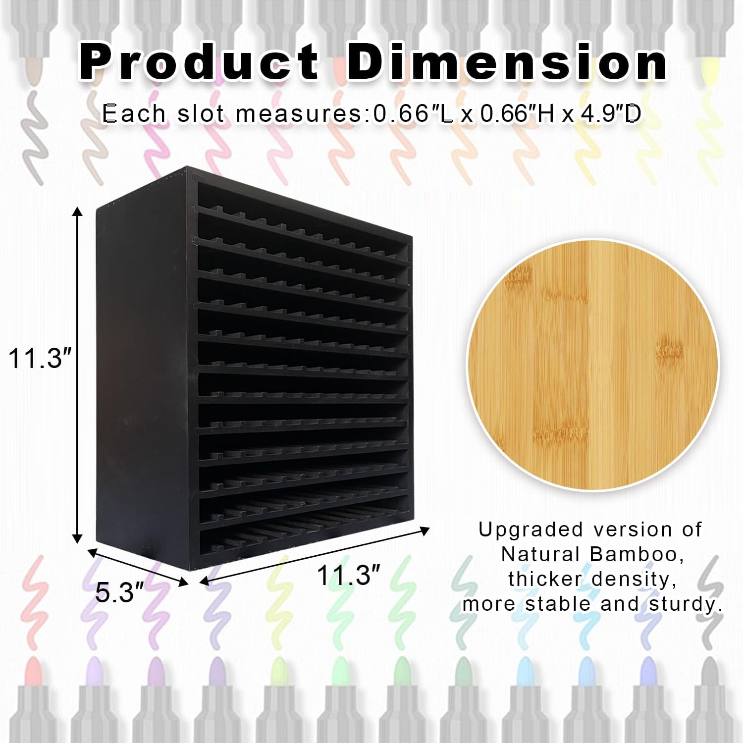 Bamboo Marker Organizer Wooden Art Supply Storage Organizer Rack Art Markers Pens Colored Pencils Paint Brushes Stationary Organizer Holder (Black, Rack for 144 Markers)