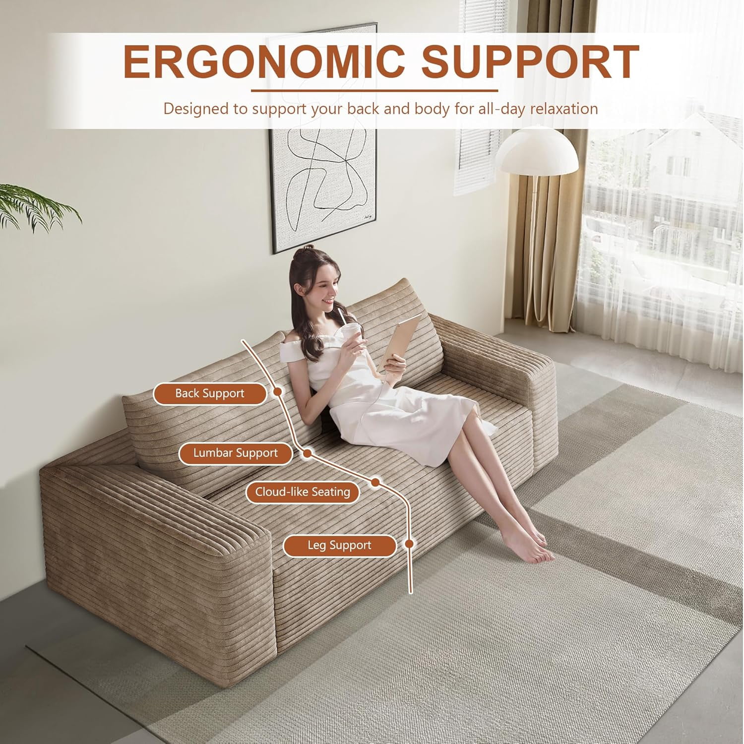 63" Cloud Loveseat Sofa, 2-Seater Boneless Couch in a Box, Memory Foam Corduroy Sofa, Deep Seat Small Couch for Apartments, Ready to Use,Camel