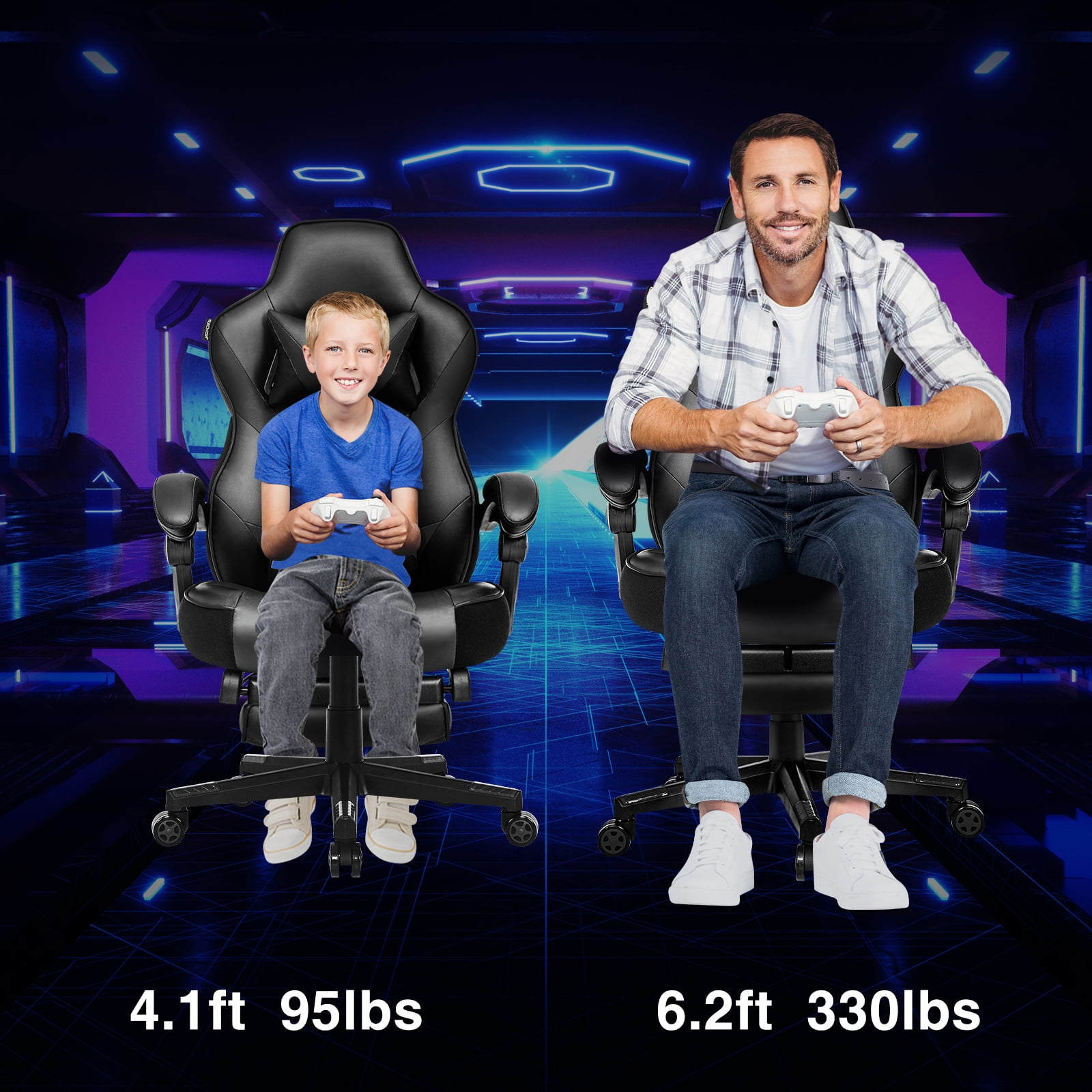 PULUOMIS Gaming Chair with Footrest Ergonomic Office Chair with Arms for Adults Kids, Black