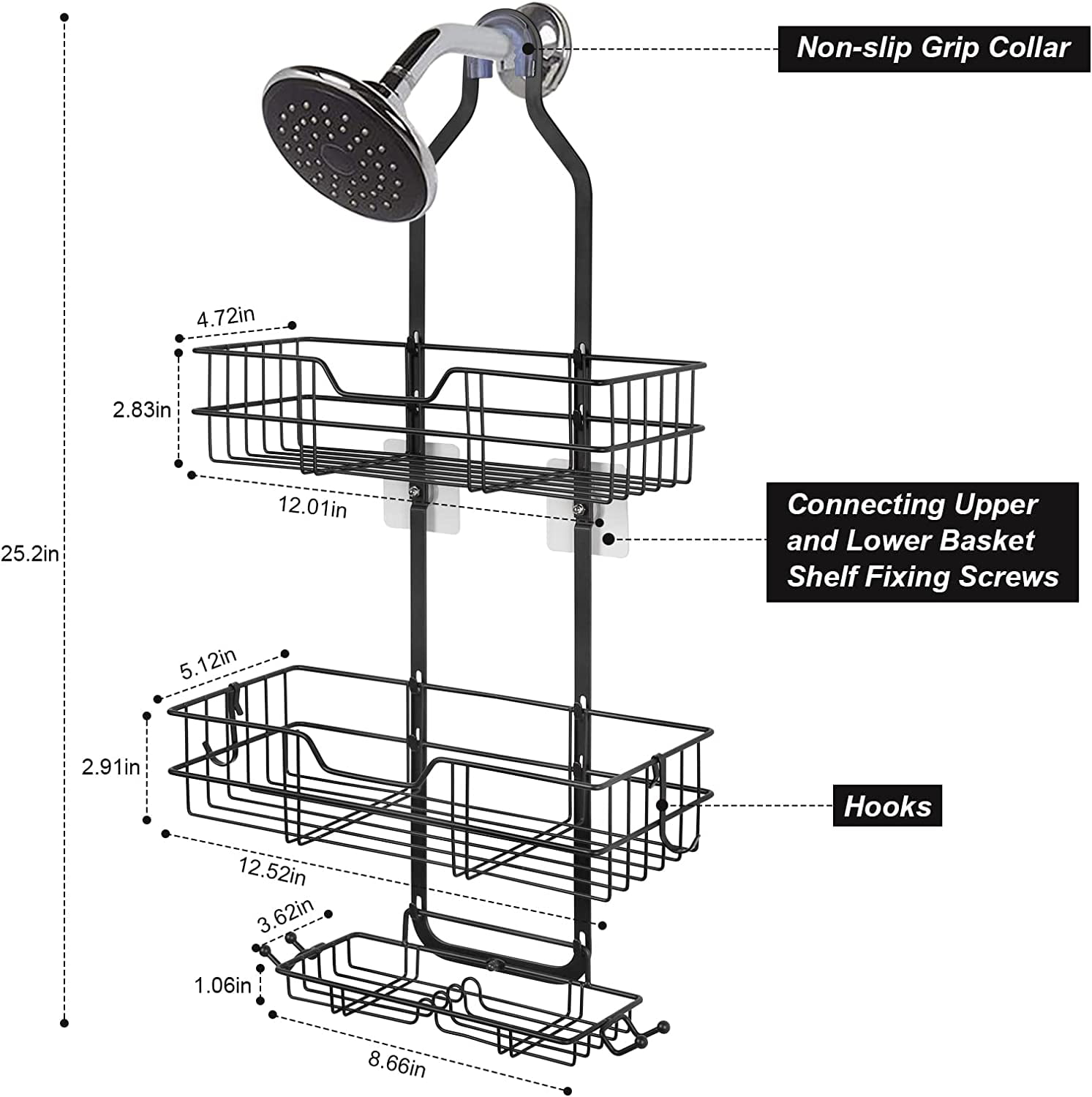  Hanging Shower Caddy Over Shower Head: Adjustable Large Shower  Organizer with Soap Holder - Rust Proof Bathroom Shelf Shampoo Storage Rack  with 3-Tier Baskets - 4 Movable Hooks for Razor Loofah