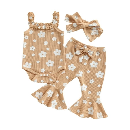 

Qtinghua Newborn Baby Girls Summer Clothes Floral Strap Sleeveless Waffle Knit Romper Flared Pants Headband 3Pcs Outfits Light Khaki 0-3 Months