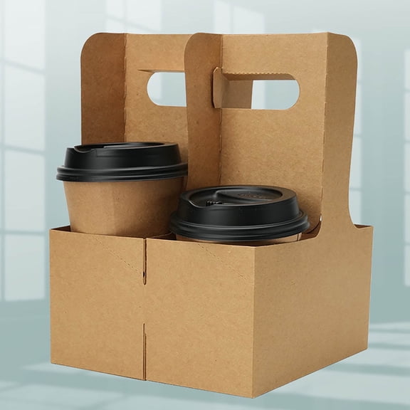 Kraft Paper Cup Holder with Handle for 4 Cups Disposable Beverage Carrier for Coffee Milkshakes Iced Drinks Foldable Drink Tray for Takeout Home Kitchen Office Parties Restaurants 5 Pack Yellow